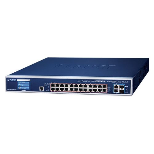 Управляемый коммутатор (L3, 24 порта 10/100/1000T с 802.3bt PoE, 2 порта 10GBASE-T, 2 порта 10G SFP+, LCD-дисплей, резервированное питание)